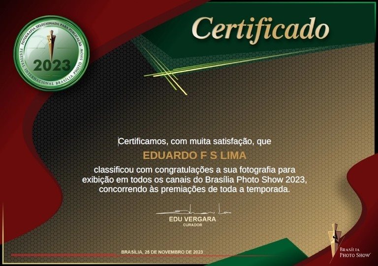 Certificado de fotografia selecionada para exibição no Brasília Photo Show 2023