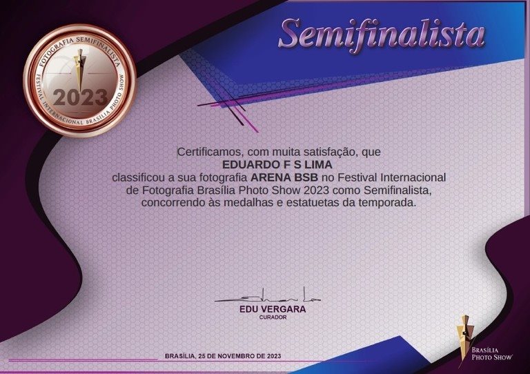 Certificado de semifinalista no Brasília Photo Show 2023 com a foto Arena BSB