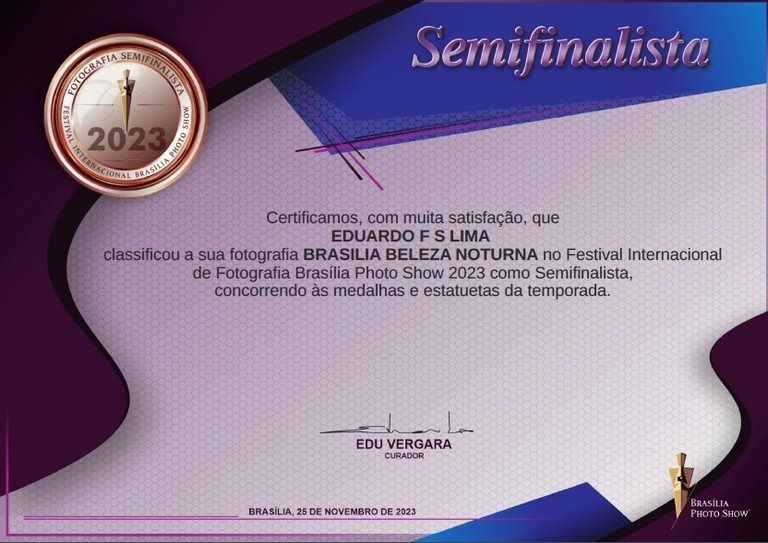 Certificado de semifinalista no Brasília Photo Show 2023 com a foto Brasília Beleza Noturna